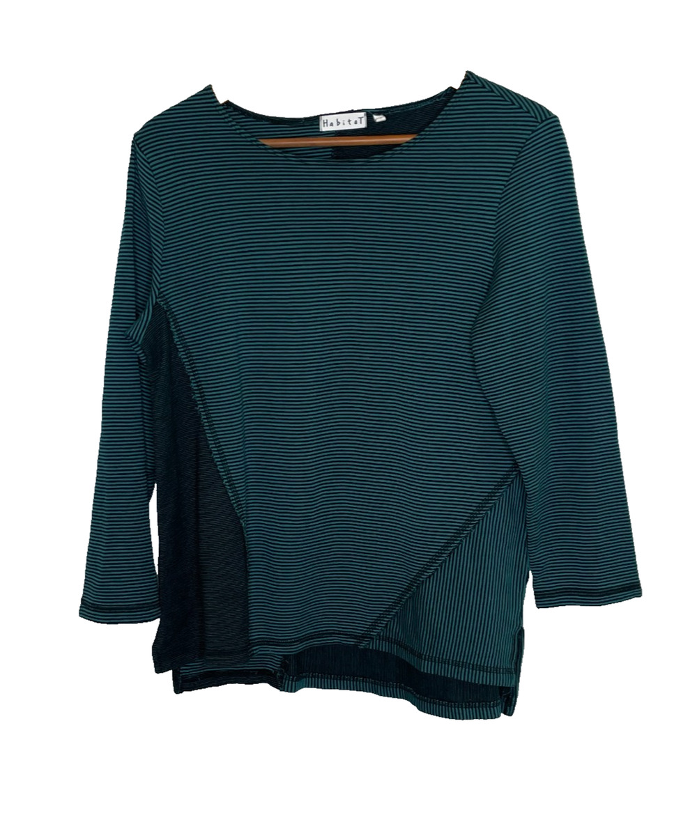 Women's Small Habitat Green Stripe Cotton Blend Lagenlook Long Sleeve Shirt